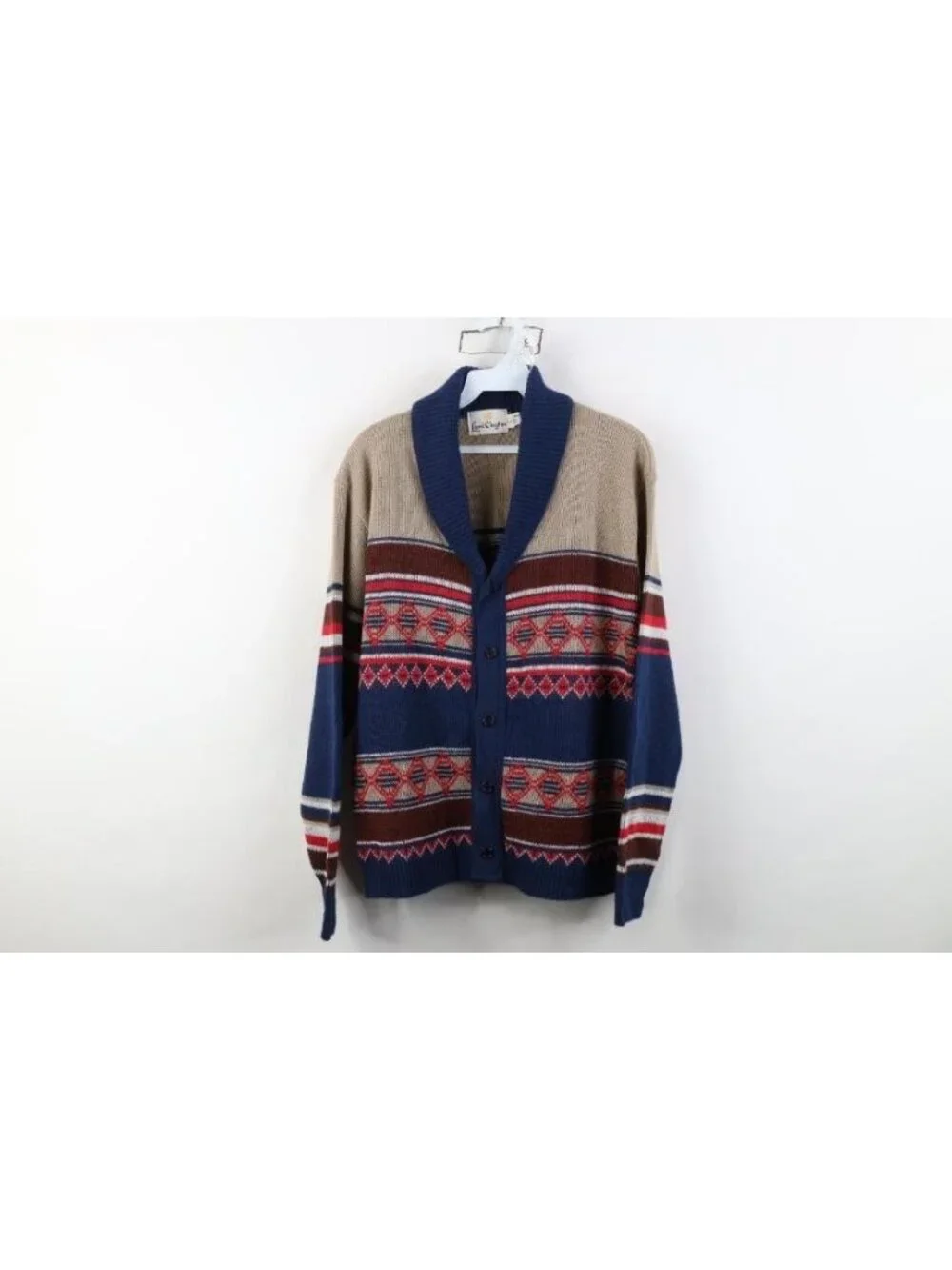 Deadastock Vintage 60s 70s Mens Large Fair Isle Knit Shawl Cardigan Sweater USA